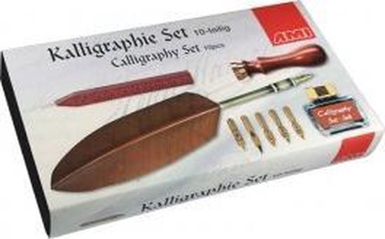 Kalligrafie set 10 -stuk. Handletteringset met veer, kalligrafie, compleet met potje inkt, was en stempel
