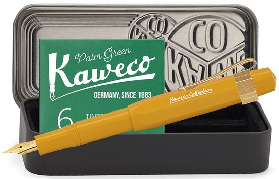 Kaweco - Collection - Vulpen - Fine - Honey - Zwart blikje - Oktogonal Clip Vergoldet - met doosje inktpatronen groen