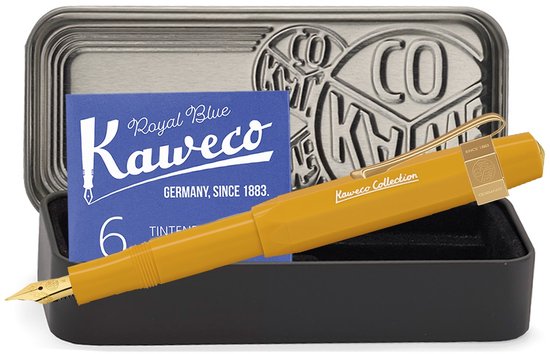 Kaweco - Collection - Vulpen - Extra Fine - Honey - Zwart blikje - Oktogonal Clip Vergoldet - met doosje inktpatronen Royal Blue