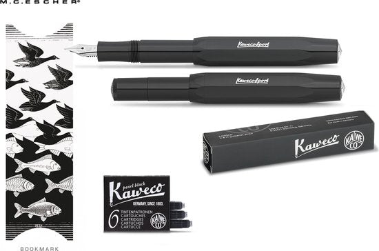 Kaweco Vulpen Sport Skyline BLACK (BREED) met doosje vullingen en boekenlegger