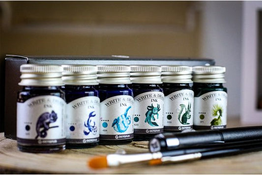 Octopus Write and Draw Ink Set RIVER, watervaste inkt voor schrijven en tekenen, kalligrafie inkt, lichtechte tekeninkt voor vulpen, glaspen, penseel, 6 x 10 ml