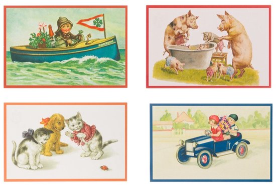 Nostalgische kaarten - 4 stuks - Klassieke Vintage afbeeldingen - nostalgische ansichtkaarten - prentbriefkaart - dieren - kinderen - Feestelijk - verjaardag -Oude Brocante briefkaarten