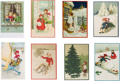 Nostalgische kerstkaarten - 8 stuks - Klassieke Vintage afbeeldingen - Winter - Sneeuw - Feestelijk - Jaarwisseling - Oude Brocante kerstkaarten