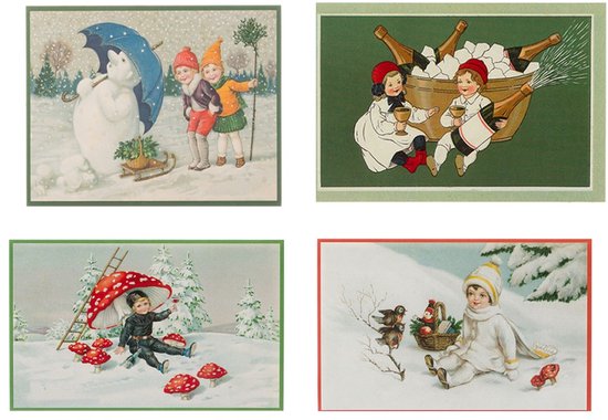 Nostalgische kerstkaarten - 4 stuks - Klassieke Vintage afbeeldingen - Winter - Sneeuw - Feestelijk - Jaarwisseling - Oude Brocante kerstkaarten 15X10,5 en 14X9