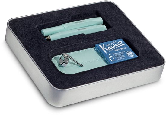 Kaweco - Schrijfwarenset - Cadeauset - Vintage Blik - Vulpen met Clip Mint Penpunt Extra Breed - Balpen Mint - Etui Mint - 2 Doosjes Inkt