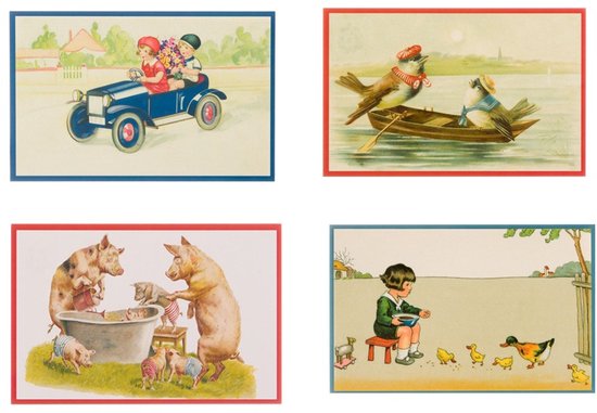 Nostalgische kaarten - 4 stuks - Klassieke Vintage afbeeldingen - nostalgische ansichtkaarten - prentbriefkaart - dieren - kinderen - Feestelijk - verjaardag -Oude Brocante briefkaarten