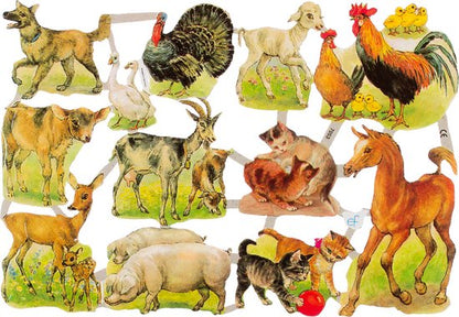 Poëzieplaatjes - Serie 1J - 6 vellen - plaatjes - hobby - creatief - decoupage - knutselen - scrapboek - met VLINDERS - KIKKERS - BOERDERIJ DIEREN - POEZEN - BLOEMEN - HONDEN
