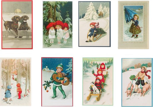 Nostalgische kerstkaarten - 8 stuks - Klassieke Vintage afbeeldingen - Winter - Sneeuw - Feestelijk - Jaarwisseling - Oude Brocante kerstkaarten