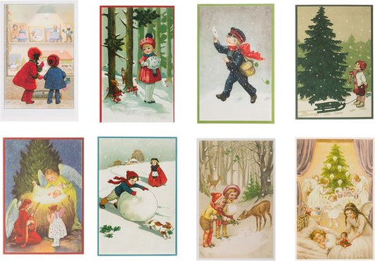 Nostalgische kerstkaarten - 8 stuks - Klassieke Vintage afbeeldingen - Winter - Sneeuw - Feestelijk - Jaarwisseling - Oude Brocante kerstkaarten