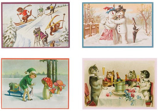 Nostalgische kerstkaarten - 4 stuks - Klassieke Vintage afbeeldingen - Winter - Sneeuw - Feestelijk - Jaarwisseling - Oude Brocante kerstkaarten 15X10,5 en 14X9