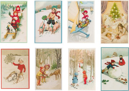 Nostalgische kerstkaarten - 8 stuks - Klassieke Vintage afbeeldingen - Winter - Sneeuw - Feestelijk - Jaarwisseling - Oude Brocante kerstkaarten