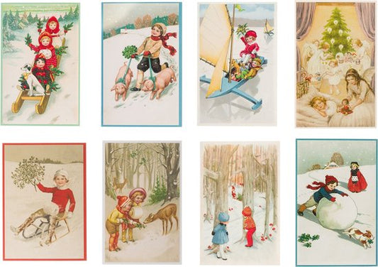 Nostalgische kerstkaarten - 8 stuks - Klassieke Vintage afbeeldingen - Winter - Sneeuw - Feestelijk - Jaarwisseling - Oude Brocante kerstkaarten