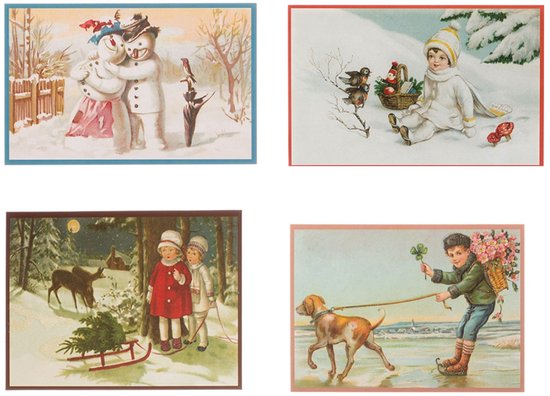Nostalgische kerstkaarten - 4 stuks - Klassieke Vintage afbeeldingen - Winter - Sneeuw - Feestelijk - Jaarwisseling - Oude Brocante kerstkaarten 15X10,5 en 14X9