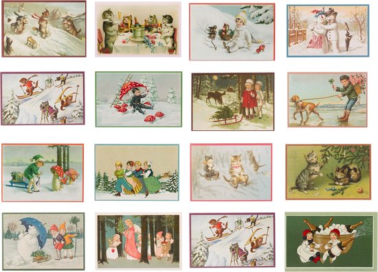Nostalgische kerstkaarten - 16 stuks - Klassieke Vintage afbeeldingen - Winter - Sneeuw - Feestelijk - Jaarwisseling - Oude Brocante kerstkaarten