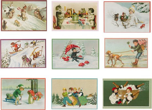 Nostalgische kerstkaarten - 9 stuks - Klassieke Vintage afbeeldingen - Winter - Sneeuw - Feestelijk - Jaarwisseling - Oude Brocante kerstkaarten