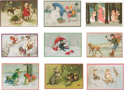 Nostalgische kerstkaarten - 9 stuks - Klassieke Vintage afbeeldingen - Winter - Sneeuw - Feestelijk - Jaarwisseling - Oude Brocante kerstkaarten