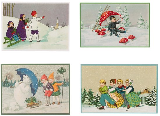 Nostalgische kerstkaarten - 4 stuks - Klassieke Vintage afbeeldingen - Winter - Sneeuw - Feestelijk - Jaarwisseling - Oude Brocante kerstkaarten 15X10,5 en 14X9