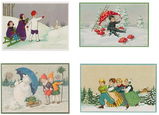 Nostalgische kerstkaarten - 4 stuks - Klassieke Vintage afbeeldingen - Winter - Sneeuw - Feestelijk - Jaarwisseling - Oude Brocante kerstkaarten 15X10,5 en 14X9