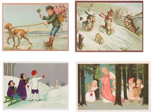 Nostalgische kerstkaarten - 4 stuks - Klassieke Vintage afbeeldingen - Winter - Sneeuw - Feestelijk - Jaarwisseling - Oude Brocante kerstkaarten 15X10,5 en 14X9
