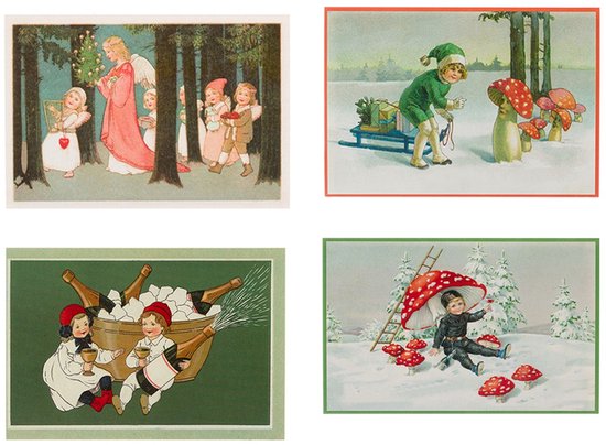 Nostalgische kerstkaarten - 4 stuks - Klassieke Vintage afbeeldingen - Winter - Sneeuw - Feestelijk - Jaarwisseling - Oude Brocante kerstkaarten 15X10,5 en 14X9