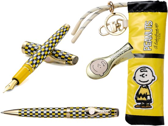 Esterbrook Cadeauset - 4 delig - Peanuts 75th Anniversary 'Charlie Brown' - Vulpen Medium - Balpen - Pen Case - Paper Clip