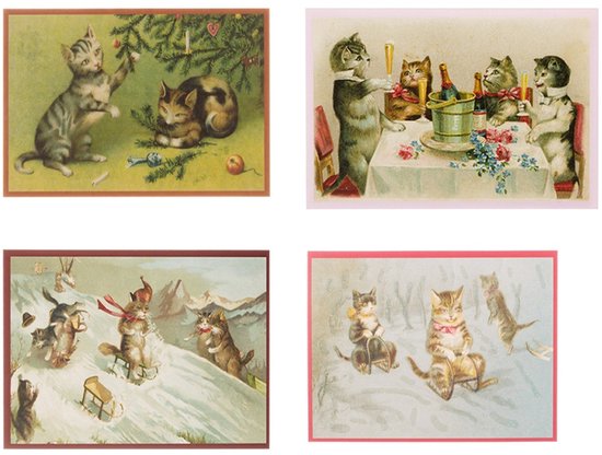 Nostalgische kerstkaarten - 4 stuks - Klassieke Vintage afbeeldingen - Winter - Sneeuw - Feestelijk - Jaarwisseling - Oude Brocante kerstkaarten 15X10,5 en 14X9
