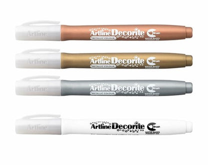 Artline - Decorite Brush - Metallic Markers set van 4 - wit - zilver - goud - brons