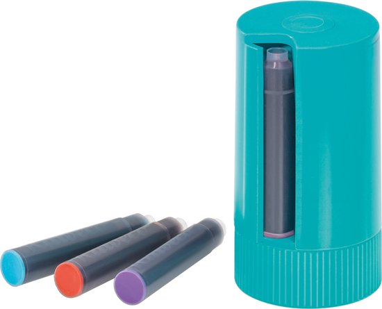 Kaweco - Cadeauset - (5delig) - Vulpen FROSTED SPORT BLUE BERRY Fountain Pen - Breed - Vintage blikje - Oktogonal Clip Chrome - Patronen houder TURKOISE - Vullingen