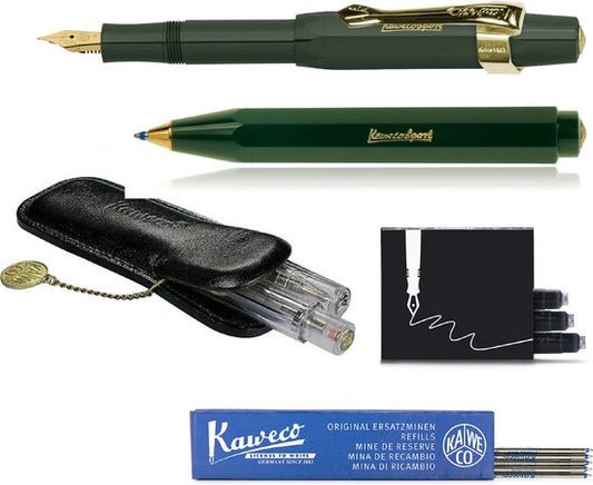 Kaweco - Cadeau - pennenset- (6delig) - Etui - Vulpen Fine met Clip - Balpen - Groen - Inktpatronen - Balpenvullingen