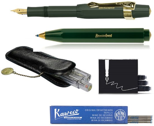 Kaweco - Cadeau - pennenset- (6delig) - Etui - Vulpen Extra Breed met Clip - Balpen - Groen - Inktpatronen - Balpenvullingen Blauw Medium