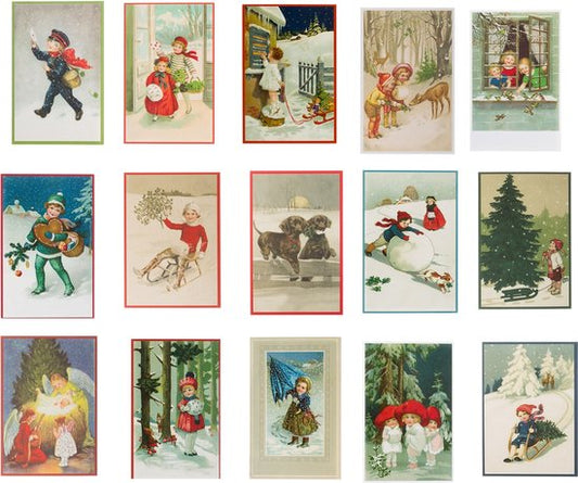 Nostalgische kerstkaarten - 15 stuks - Klassieke Vintage afbeeldingen - Winter - Sneeuw - Feestelijk - Jaarwisseling - Oude Brocante kerstkaarten