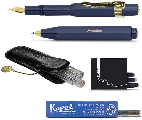 Kaweco - Cadeau - pennenset- (6delig) - Etui - Vulpen Extra Fine met Clip - Balpen - Blauw - Inktpatronen - Balpenvullingen Blauw Medium