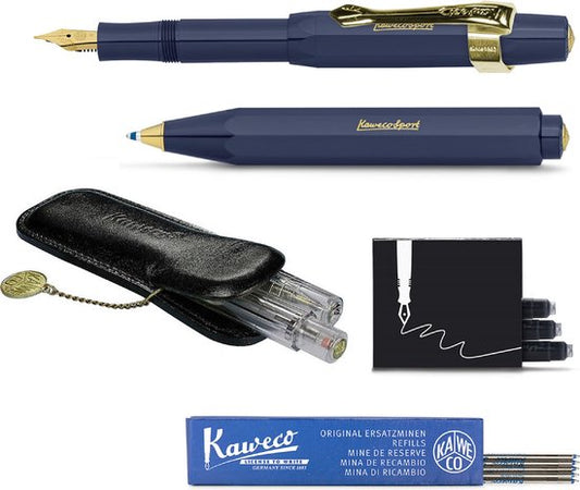 Kaweco - Cadeau - pennenset- (6delig) - Etui - Vulpen Fine met Clip - Balpen - Blauw - Inktpatronen - Balpenvullingen