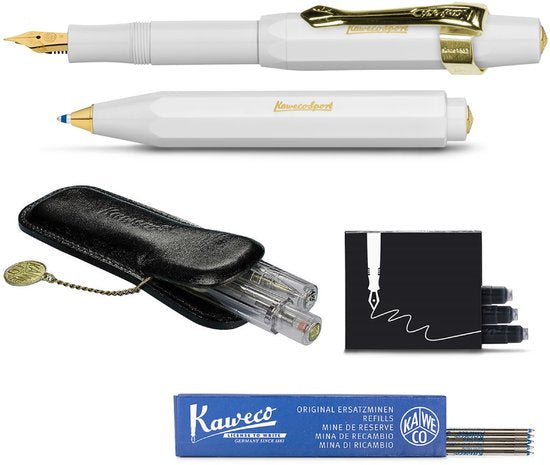 Kaweco - Cadeau - pennenset- (6delig) - Etui - Vulpen Extra Breed met Clip - Balpen - Wit - Inktpatronen - Balpenvullingen Blauw Medium