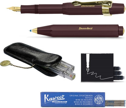 Kaweco - Cadeau - pennenset- (6delig) - Etui - Vulpen Fine met Clip - Balpen - Burgundy - Inktpatronen - Balpenvullingen