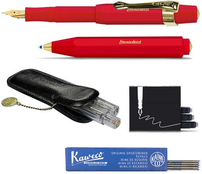Kaweco - Cadeau - pennenset- (6delig) - Etui - Vulpen Fine met Clip - Balpen - Rood - Inktpatronen - Balpenvullingen Blauw Medium