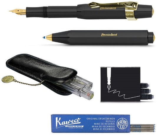 Kaweco - Cadeau - pennenset- (6delig) - Etui - Vulpen Extra Breed met Clip - Balpen - Zwart - Inktpatronen - Balpenvullingen Blauw Medium