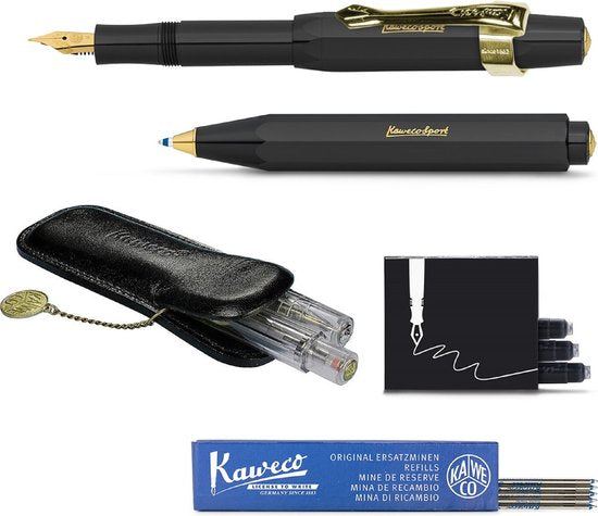 Kaweco - Cadeau - pennenset- (6delig) - Etui - Vulpen Medium met Clip - Balpen - Zwart - Inktpatronen - Balpenvullingen