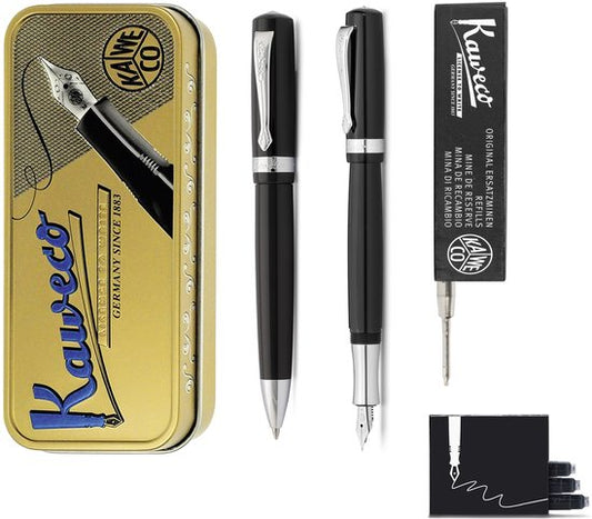 Kaweco - set - Vulpen en Balpen - Student - Zwart in vintage blikje - doosje G2 Zwarte balpenvulling - doosje vulpeninkt