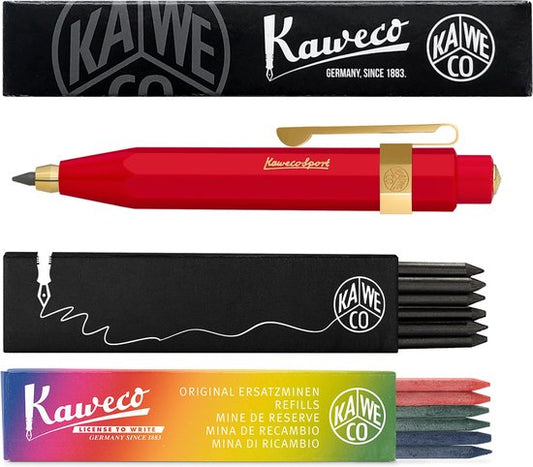Kaweco - Vulpotlood 3,2 - Classic Sport - Oktogonal Clip Vergoldet - Rood - Met doosje vullingen Zwart - Doosje vullingen 3 kleur