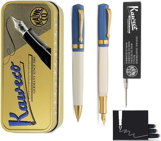 Kaweco - set - Vulpen en Balpen - Student 50's Rock - Blauw in vintage blikje - doosje G2 Zwarte balpenvulling - doosje vulpeninkt