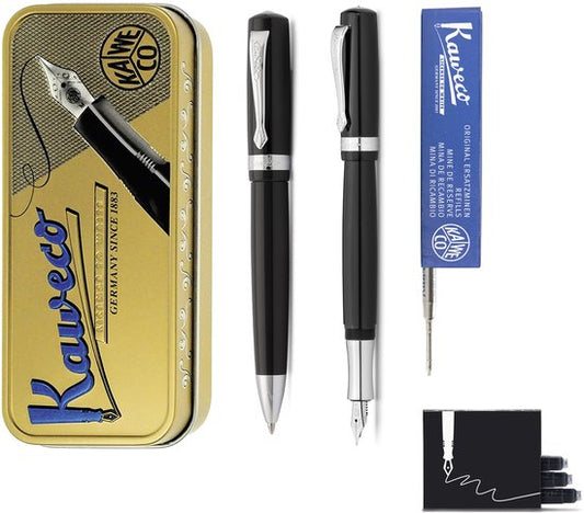 Kaweco - set - Vulpen en Balpen - Student - Zwart in vintage blikje - doosje G2 Blauwe balpenvulling - doosje vulpeninkt