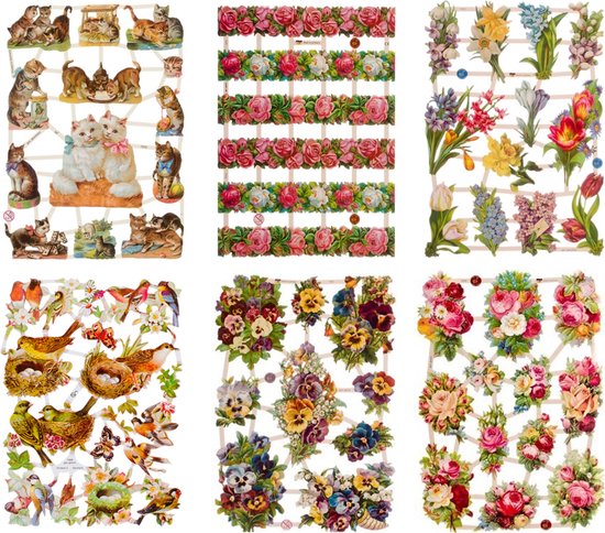 Poëzieplaatjes - 6 vellen - Poezen, Bloemen en Vogels. - 1 - Leuk voor o.a. Poëziealbum, bulletjournal, scrapbooking en het maken van kaarten