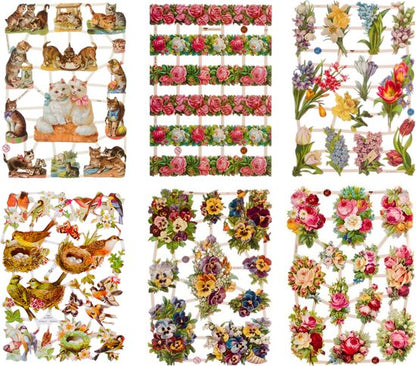 Poëzieplaatjes - 6 vellen - Poezen, Bloemen en Vogels. - 1 - Leuk voor o.a. Poëziealbum, bulletjournal, scrapbooking en het maken van kaarten