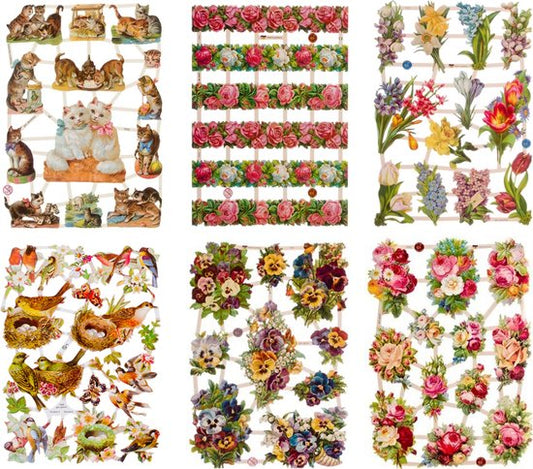 Poëzieplaatjes - 6 vellen - Poezen, Bloemen en Vogels. - 1 - Leuk voor o.a. Poëziealbum, bulletjournal, scrapbooking en het maken van kaarten