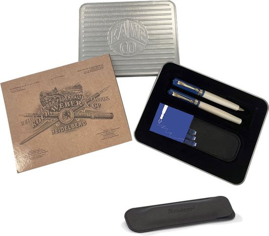 Kaweco - Cadeauset - Vulpen Extra Fine Student 50'S Blues - Balpen Student - Blauw Ivory - Gratis Lederen Etui - Gratis Cadeaubox - Vullingen Blauw