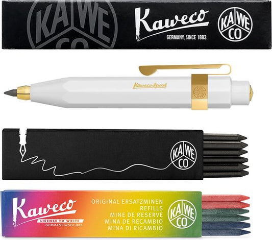 Kaweco - Vulpotlood 3,2 - Classic Sport - Oktogonal Clip Vergoldet - Wit - Met doosje vullingen Zwart - Doosje vullingen 3 kleur