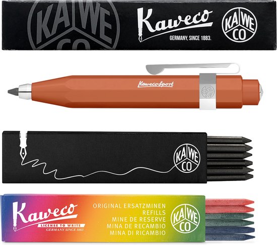 Kaweco - Vulpotlood 3,2 - Skyline Sport - Oktogonal Clip Chrome - Fox (Roodbruin) - Met doosje vullingen Zwart - Doosje vullingen 3 kleur