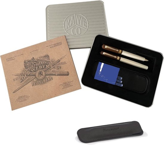 Kaweco - Cadeauset - Vulpen Fine Student 20'S Blues - Balpen Student - Bruin Ivory - Gratis Lederen Etui - Gratis Cadeaubox - Vullingen Blauw