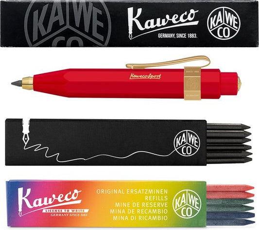 Kaweco - Vulpotlood 3,2 - Classic Sport - Nostalgic Octagonal Clip Vergoldet - Rood - Met doosje vullingen Zwart - Doosje vullingen 3 kleur